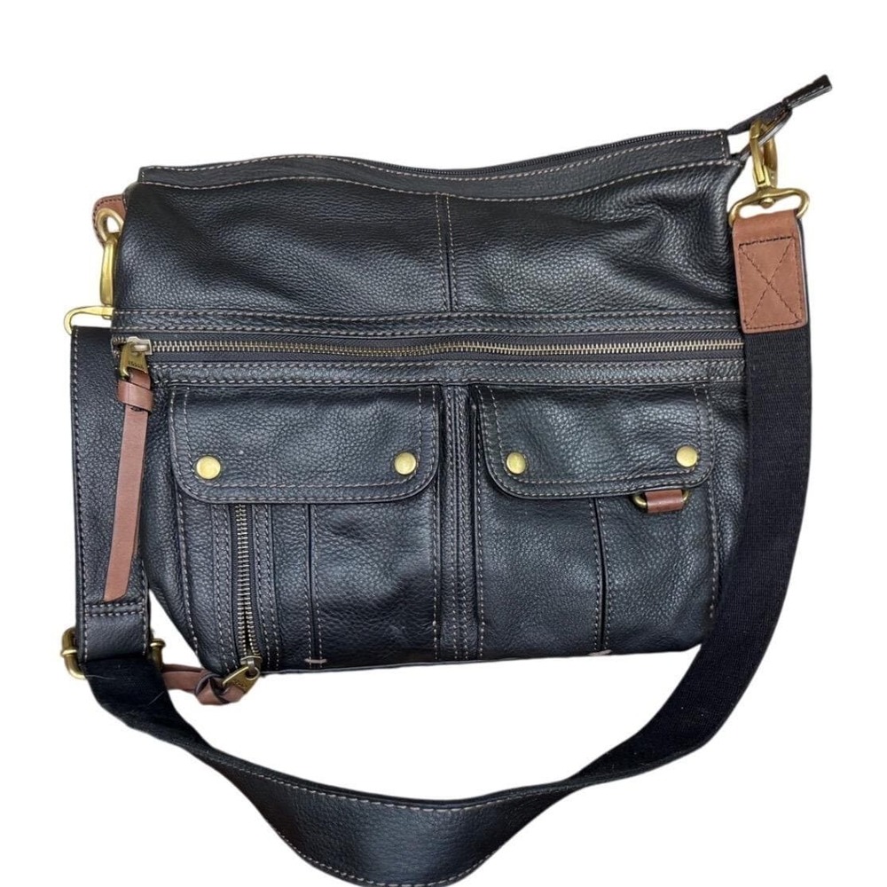 Vintage Fossil Morgan Traveler Pebbled Leather Crossbody Messenger Bag Black
